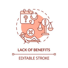 Lack of benefits red concept icon. No social protection. Limited access. Agriculture worker. Overtime work. Round shape line illustration. Abstract idea. Graphic design. Easy to use