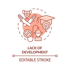 Lack of development red concept icon. Limited access to training. Job skills. Manual worker. Farm industry. Round shape line illustration. Abstract idea. Graphic design. Easy to use