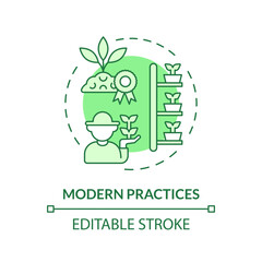 Modern practices green concept icon. Organic farming. Advanced technology. Crop yield. Food production. Farm industry. Round shape line illustration. Abstract idea. Graphic design. Easy to use