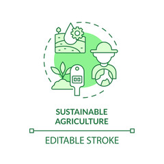 Sustainable agriculture green concept icon. Eco friendly farming. Soil health. Water management. Growing plants. Round shape line illustration. Abstract idea. Graphic design. Easy to use
