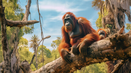 A male orangutan lounges in a tree in the middle of the forest