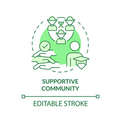 Supportive community green concept icon. Agriculture education. Like minded. Farm science. College student. Group of people. Round shape line illustration. Abstract idea. Graphic design. Easy to use