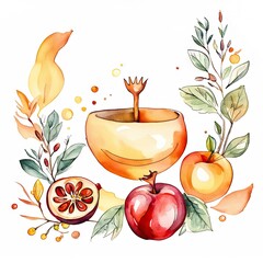 Rosh Hashanah greeting card. Shana Tova, Jewish New Year holiday. Watercolor