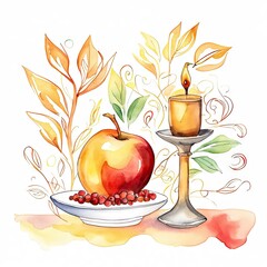Apple and Pomegranate fruit, jewish religious watercolor illustration, on white