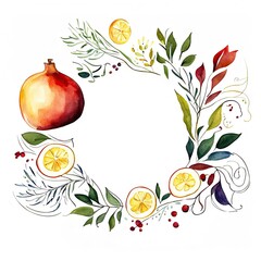 Apple and Pomegranate fruit, jewish religious watercolor illustration, on white