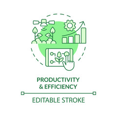 Productivity and efficiency green concept icon. Increase performance. Agricultural field. Smart farming. Advanced technology. Round shape line illustration. Abstract idea. Graphic design. Easy to use