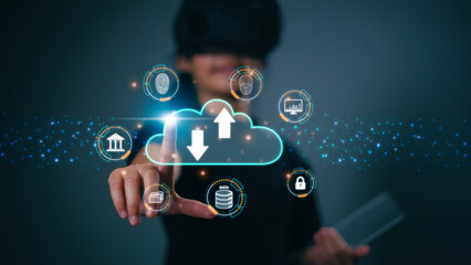 Hand touching infographic cloud computing and technology icons , cloud technology is centralise collect lifestyle and confidential information such as internet banking , password