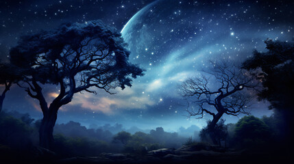 Obraz na płótnie Canvas Beautiful night sky the Milky Way moon and the trees