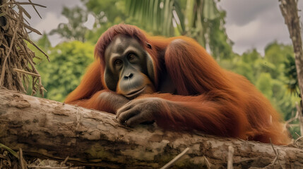 Close up of a male orangutan lounges in a tree in the middle of the forest