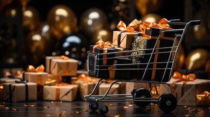 Supermarket trolley full of gifts boxes for the holiday in black and gold style