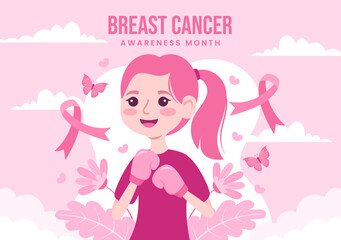 Breast Cancer Awareness Month Vector Illustration of Diverse Women with Pink Support Ribbon for Healthcare Campaign Solidarity Background Templates