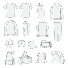 Promotional Souvernirs Company Vector Illustration. llustration of tshirt, hoodie, umberella, long pants, bags, hats