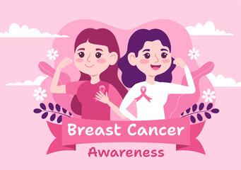 Breast Cancer Awareness Month Vector Illustration of Diverse Women with Pink Support Ribbon for Healthcare Campaign Solidarity Background Templates