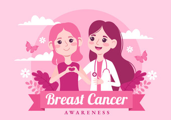 Breast Cancer Awareness Month Vector Illustration of Diverse Women with Pink Support Ribbon for Healthcare Campaign Solidarity Background Templates