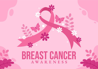 Fototapeta na wymiar Breast Cancer Awareness Month Vector Illustration of Diverse Women with Pink Support Ribbon for Healthcare Campaign Solidarity Background Templates