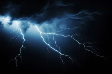 Tuinposter Lightning rays electrical energy charge thunder in dark night sky © Denis