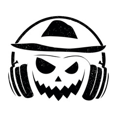 Halloween pumpkin cartoon wearing music headphones, black silhouette on transparent background, vector illustration