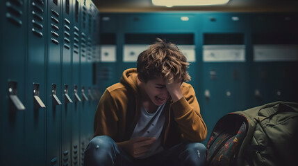 Fototapeta na wymiar Male student covering his face and crying in school suffering from depression. Lonely teenage female student sat in school corridor covering her head and crying