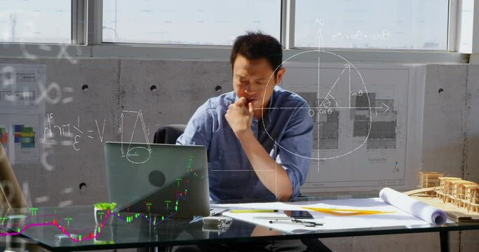 Animation of mathematical equation and diagrams, asian architect designing blueprint on laptop