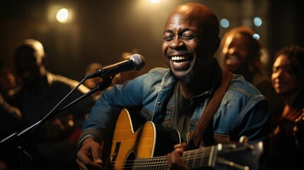 Fototapeta na wymiar rock star singer in the concert. portrait of modern african american man singing into microphone and playing guitar in recording studio. Generative Ai