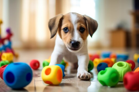 Puppy dog playing with colorful chew toys on the floor
