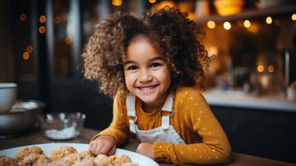 the child cooks and helps in the kitchen. African American girl making cookies at home. Generative Ai