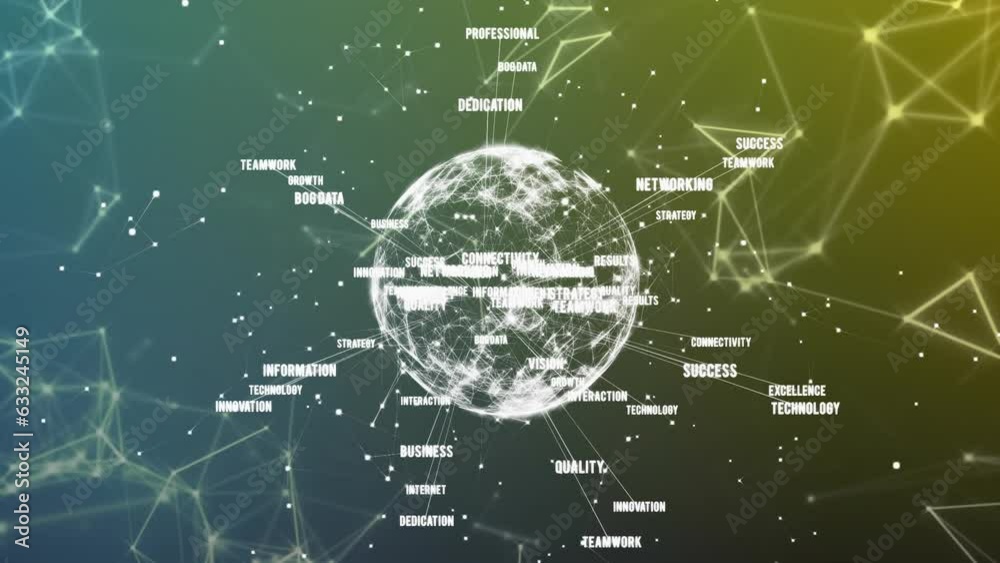 Poster animation of texts around globe and connected dots forming geometric shapes over gradient background