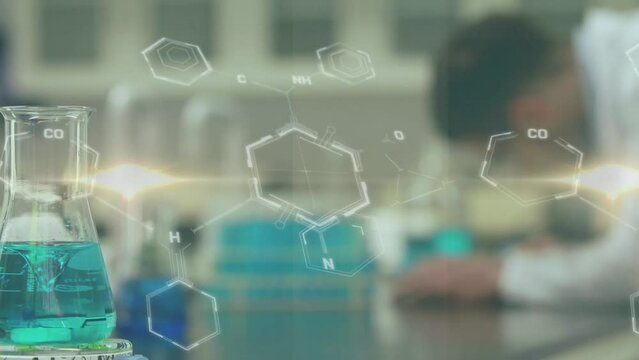 Animation of molecule structures and liquid filled beaker, blurred scientist working in laboratory