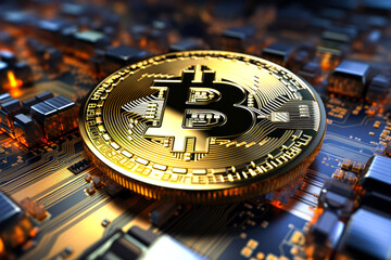 Bitcoin market investment. Golden cryptocurrency virtual coin on computer circuit board.