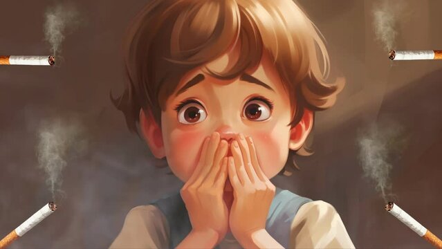 Anime cartoon animation child protect his nose from cigarette smoke. No smoking. Seamless looping 4k resolution animation