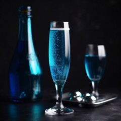sparkling blue drink in small bottle