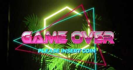 Animation of game over and please insert coin text on triangles and hexagon against plantation