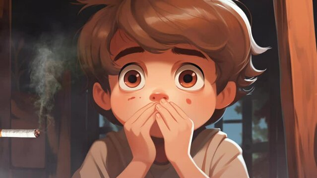 Anime cartoon animation child protect his nose from cigarette smoke. No smoking. Seamless looping 4k resolution animation