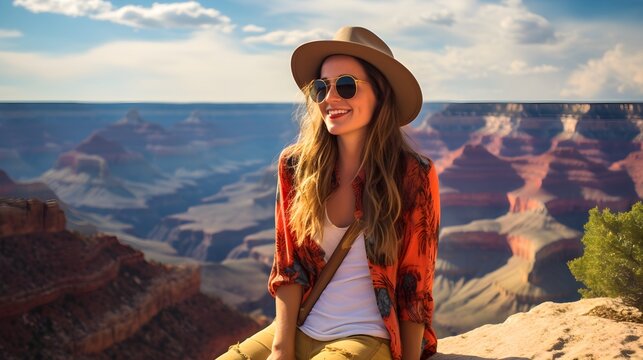 Happy American woman wearing modern American clothes, sunglasses and a hat relaxing in front of the Grand Canyon, USA on a sunny day