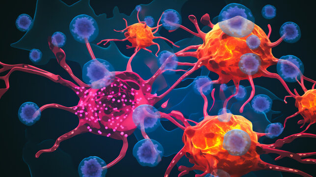 The image showcases a vibrant microscopic view of interconnected skin cells, illuminated by a colorful gradient palette that symbolizes the GABA transfer process