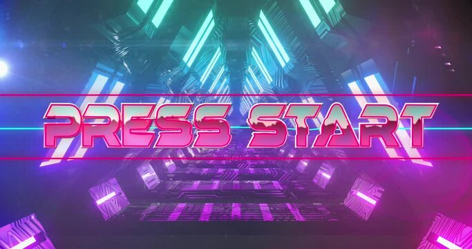 Animation of press start text between lines over looping triangular tunnel