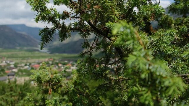 The view of the Caucasus mountains and village.