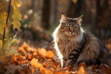 Naklejka na ściany i meble Main Coon cat sitting in forest with orange autumn leaves