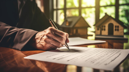 Agreement to sign the purchase contract concept. Real estate agent or sales manager has proposed terms and conditions to customers who sign house purchase agreements with insurance, Generative Ai - obrazy, fototapety, plakaty
