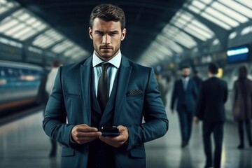 Man at airport lounge and using mobile phone, Businessman working and using mobile at busy time on airport, Generative AI.