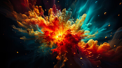 Abstact motion explosion of colors and liquid and dust, orange and blue