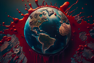Planet Blue Earth bleeding splash spray pool of blood splatter wounds, the concept of world wars, conflicts humanity, environmental problems. Generative AI