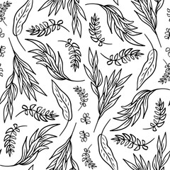 Monochrome seamless pattern with tropical leaves on white background. Line art botanical wallpaper