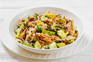 tuna salad with avocado, onion, cucumber, capers