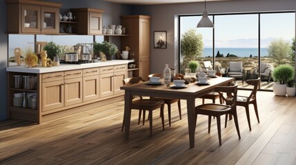 Fototapeta na wymiar Wooden kitchen with dining table and sunny glass window morning view. Generative Ai