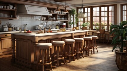 Wooden kitchen with dining table and sunny glass window morning view. Generative Ai