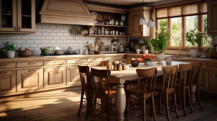 Fototapeta na wymiar Wooden kitchen with dining table and sunny glass window morning view. Generative Ai