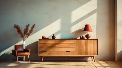 Wood cabinet and wood shelf near wall interior design living room. Generative Ai
