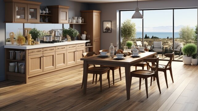 Wooden kitchen with dining table and sunny glass window morning view. Generative Ai