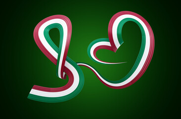 Fototapeta premium 3d Flag Of Italy Heart Shaped Wavy Awareness Ribbon flag On Green Background, 3d illustration